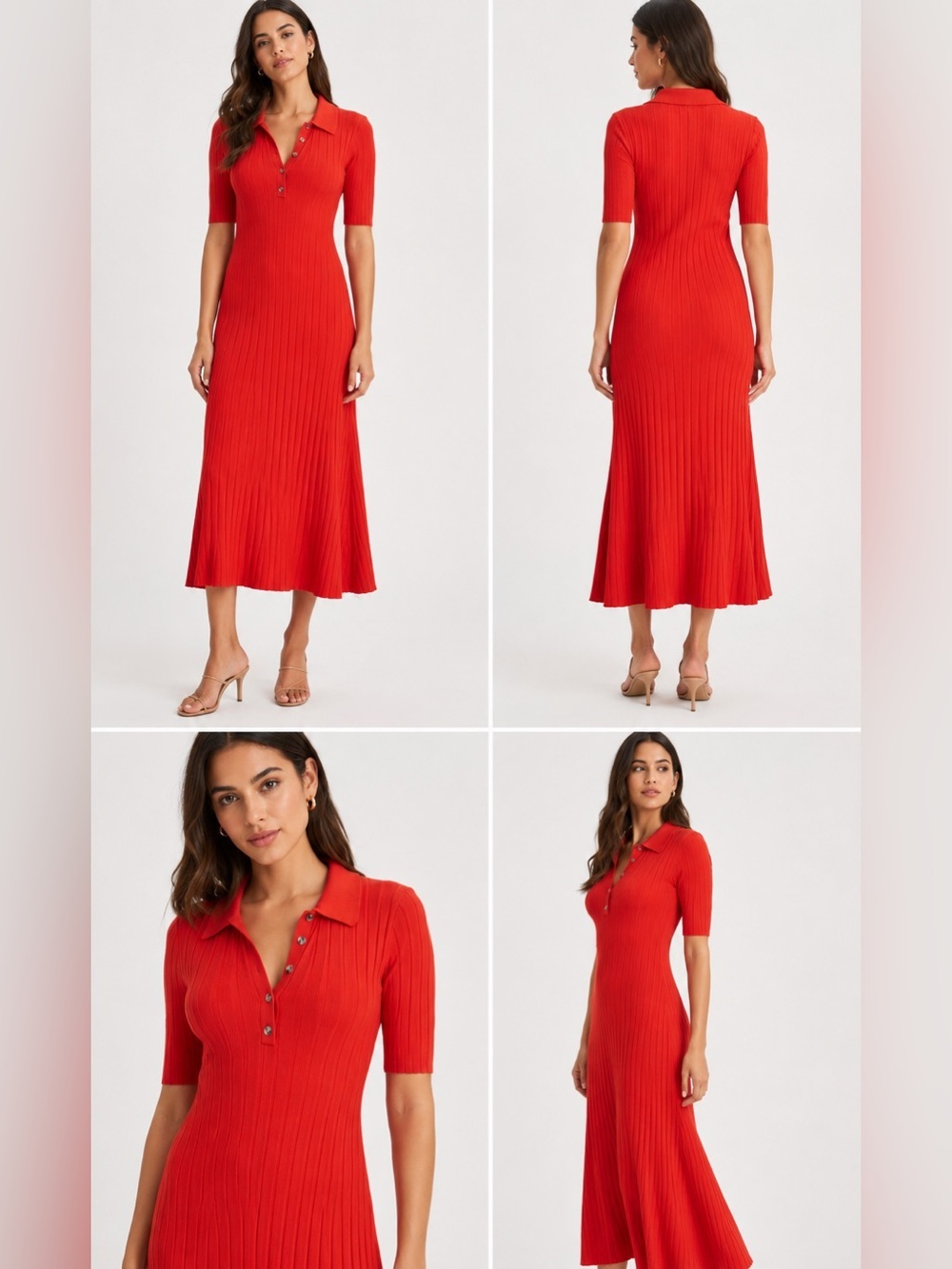 LOFT Red Ribbed Collared Short Sleeve Midi Sweater Dress L Large